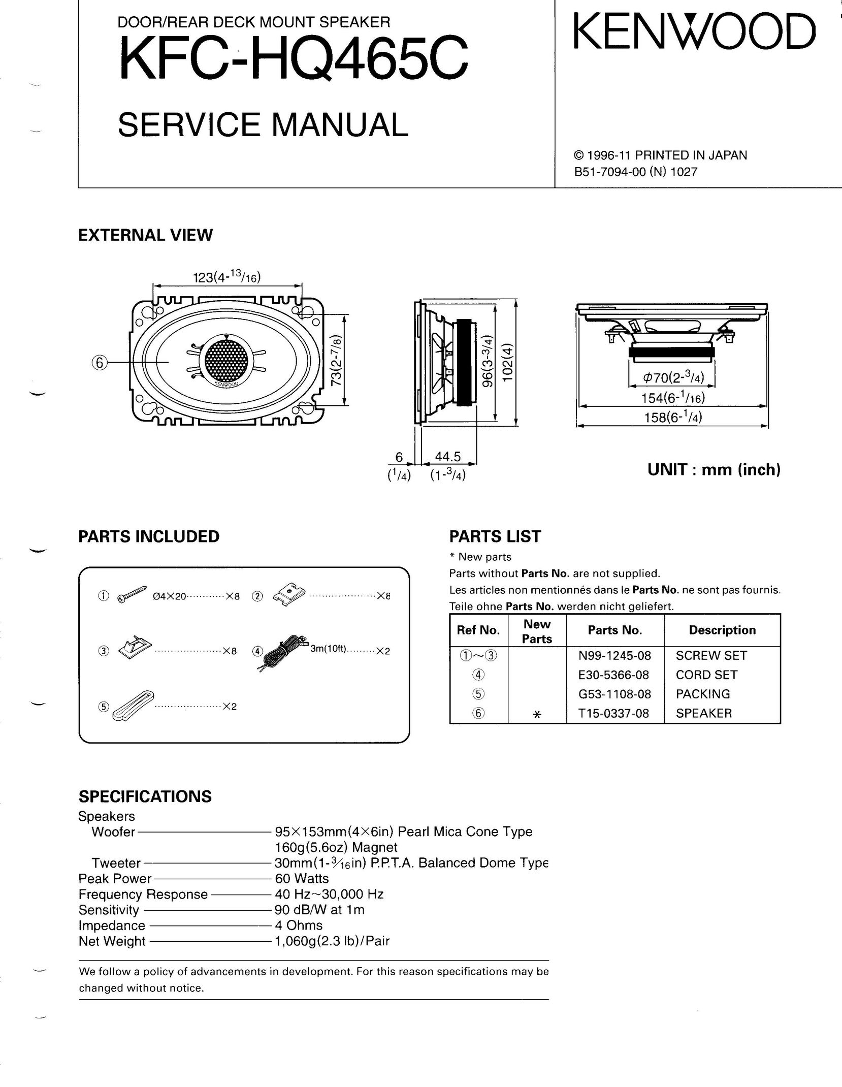 Kenwood KFC-HQ465C Car Speaker User Manual