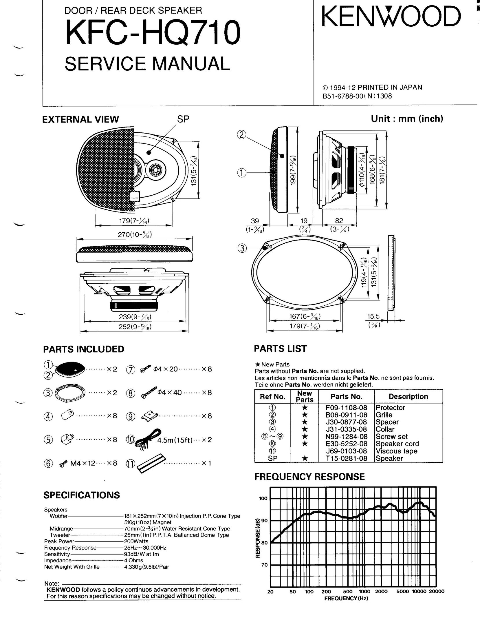 Kenwood KFC-HQ710 Car Speaker User Manual