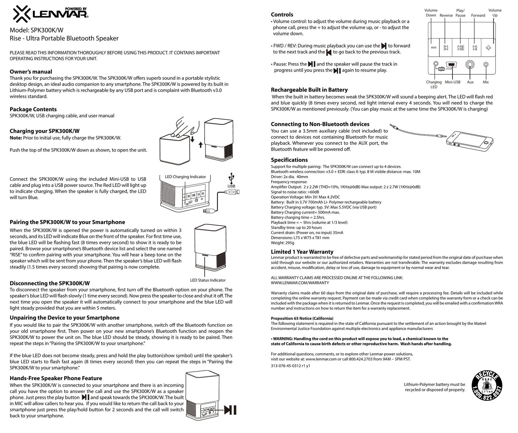 Lenmar Enterprises SPK300K/W Car Speaker User Manual