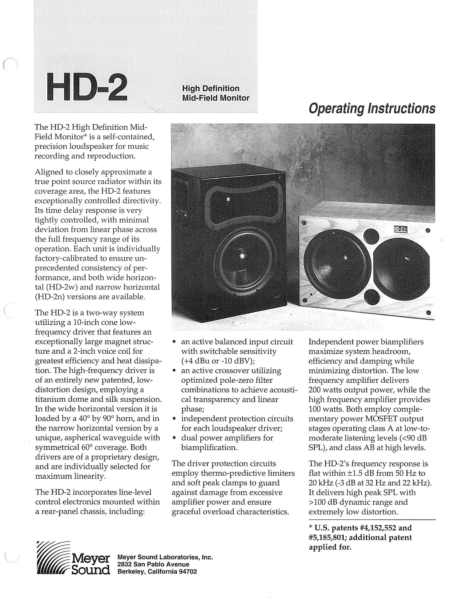 Meyer Sound HD-2 Car Speaker User Manual