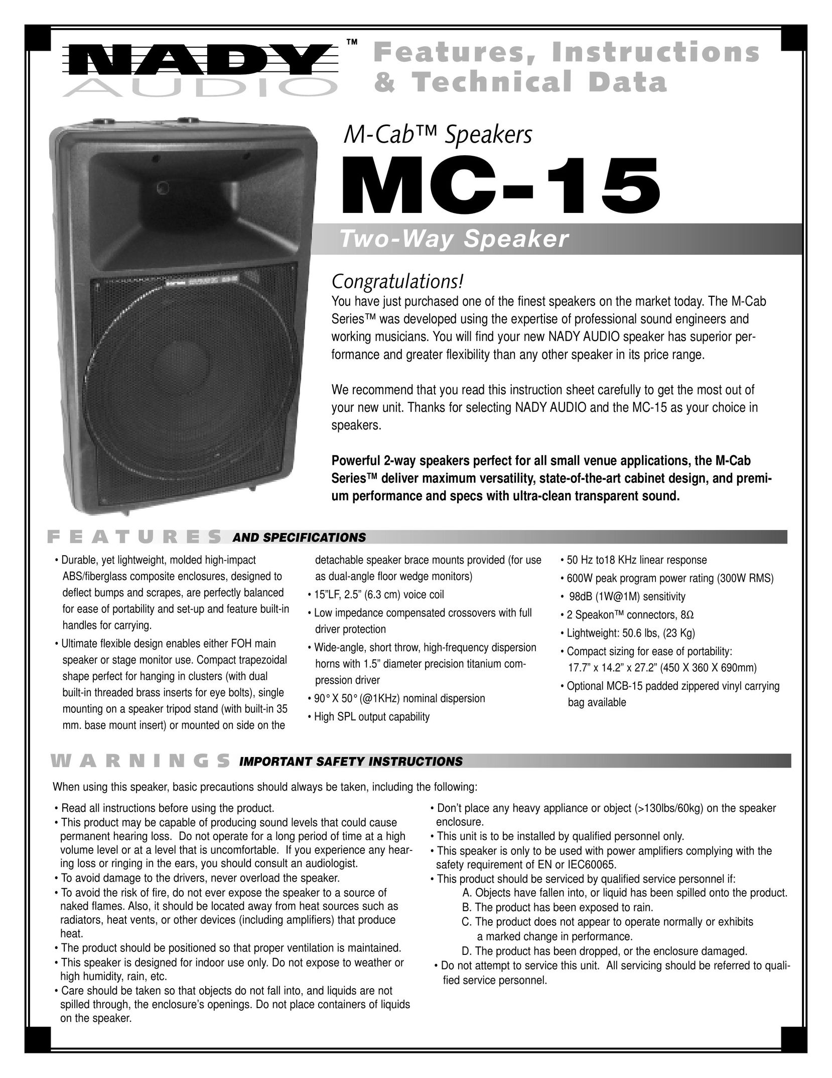Nady Systems MC-15 Car Speaker User Manual