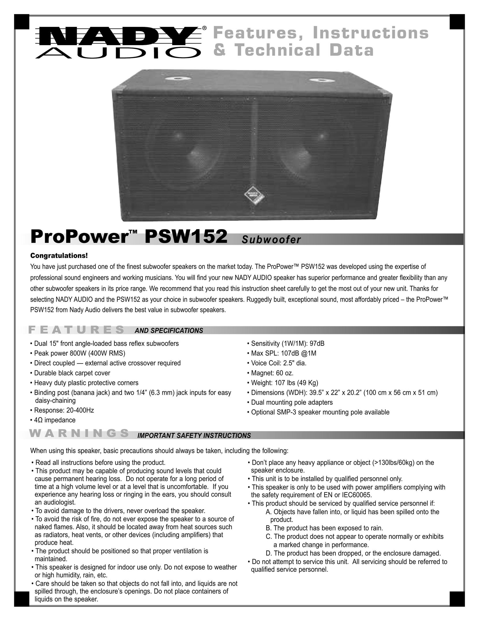 Nady Systems ProPower PSW-152 Car Speaker User Manual
