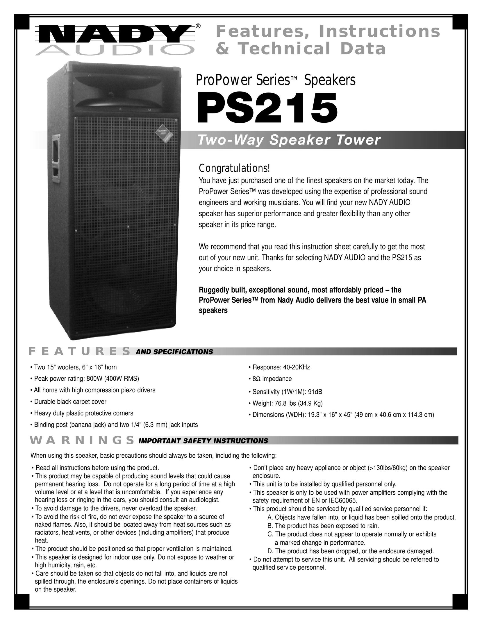 Nady Systems PS215 Car Speaker User Manual