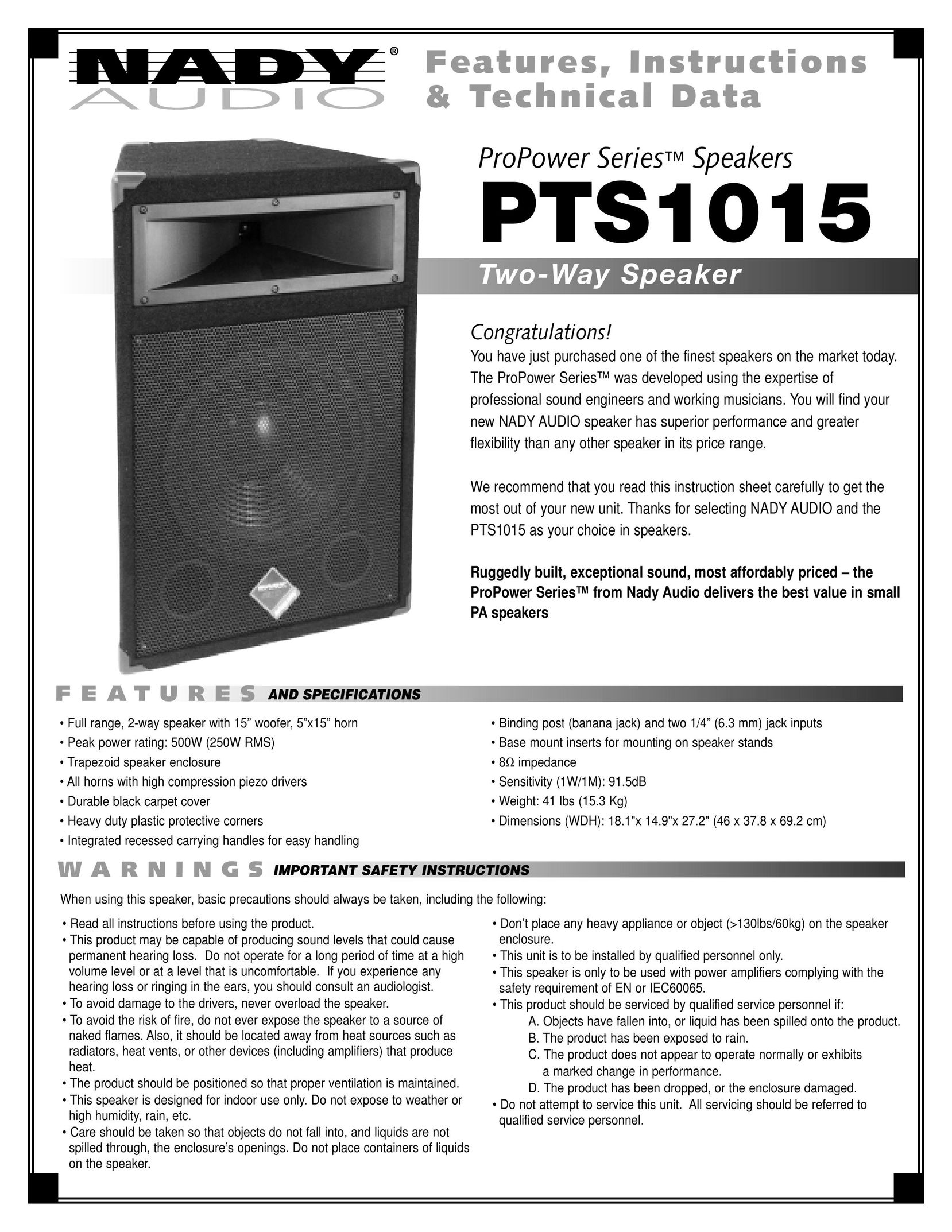 Nady Systems PTS1015 Car Speaker User Manual