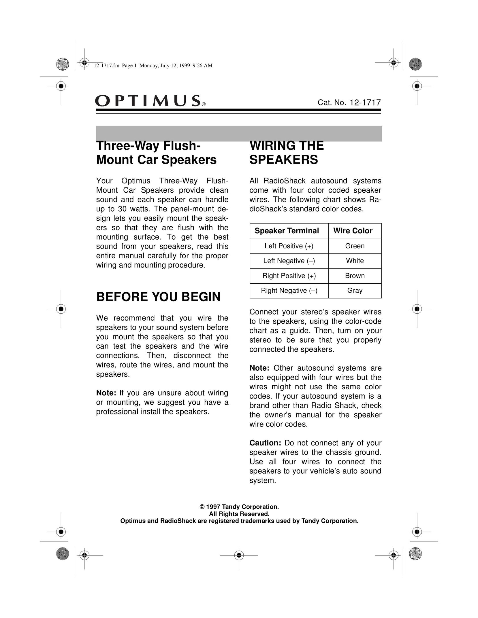 Optimus 12-1717 Car Speaker User Manual