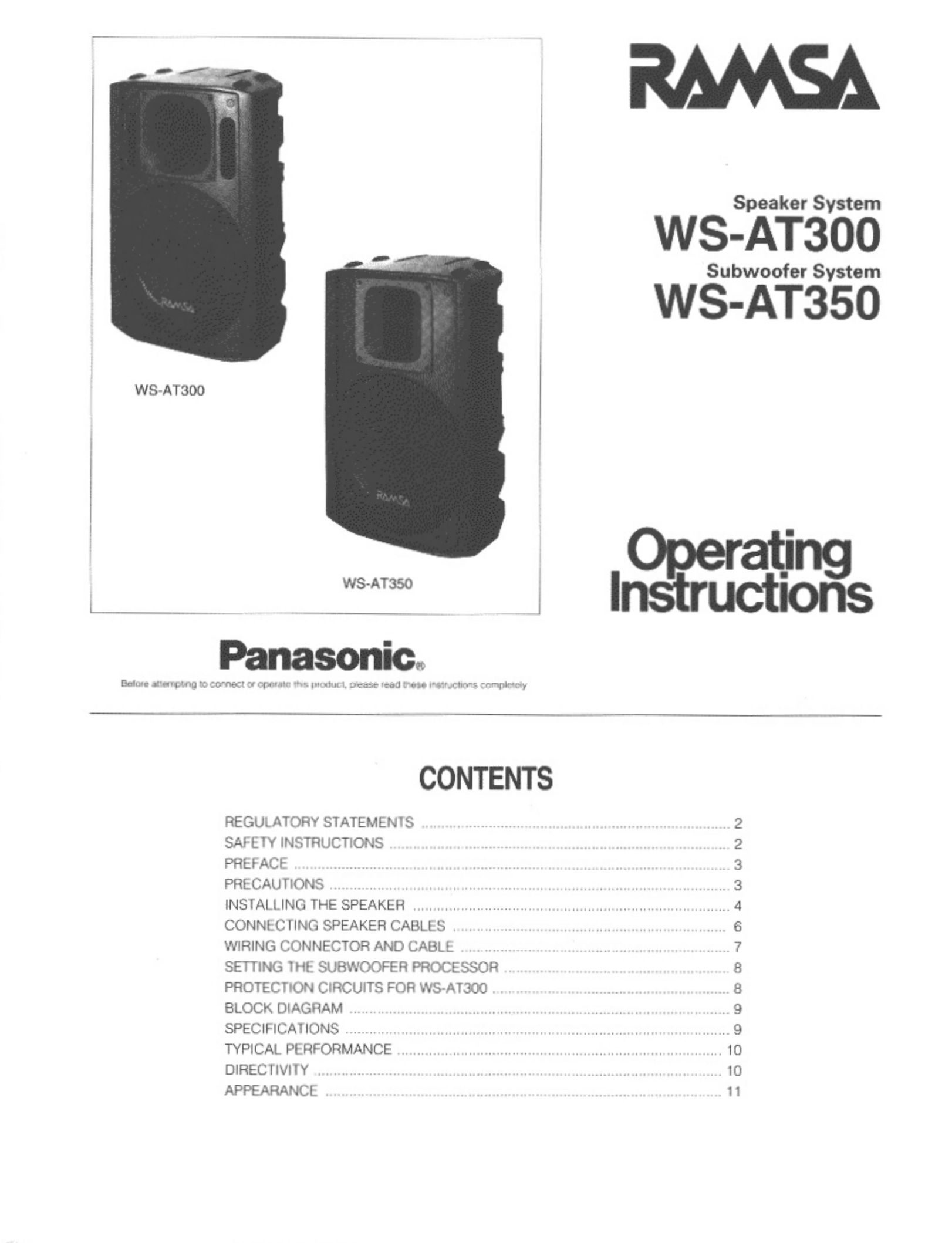 Panasonic WS-AT350 Car Speaker User Manual