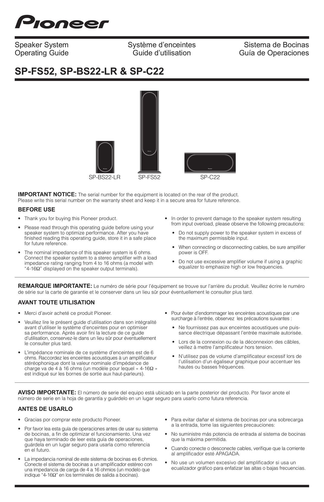Pioneer SP-C22 Car Speaker User Manual