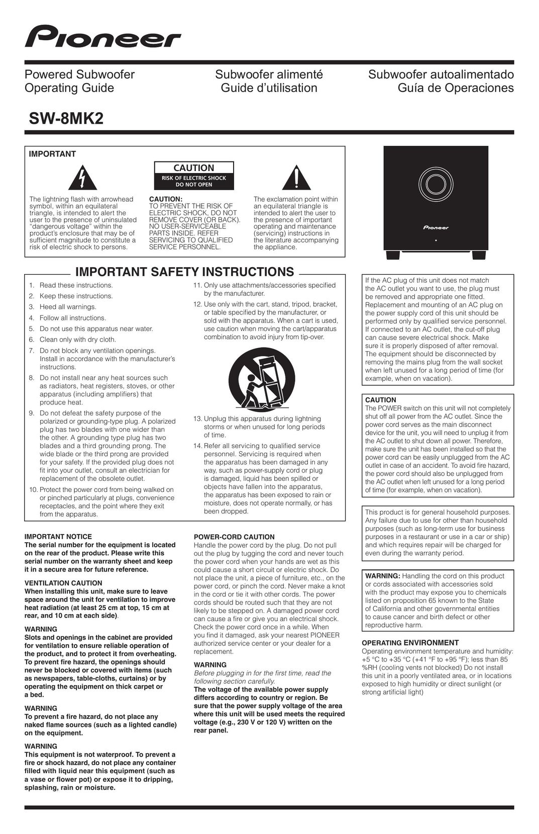 Pioneer SW-8 Car Speaker User Manual