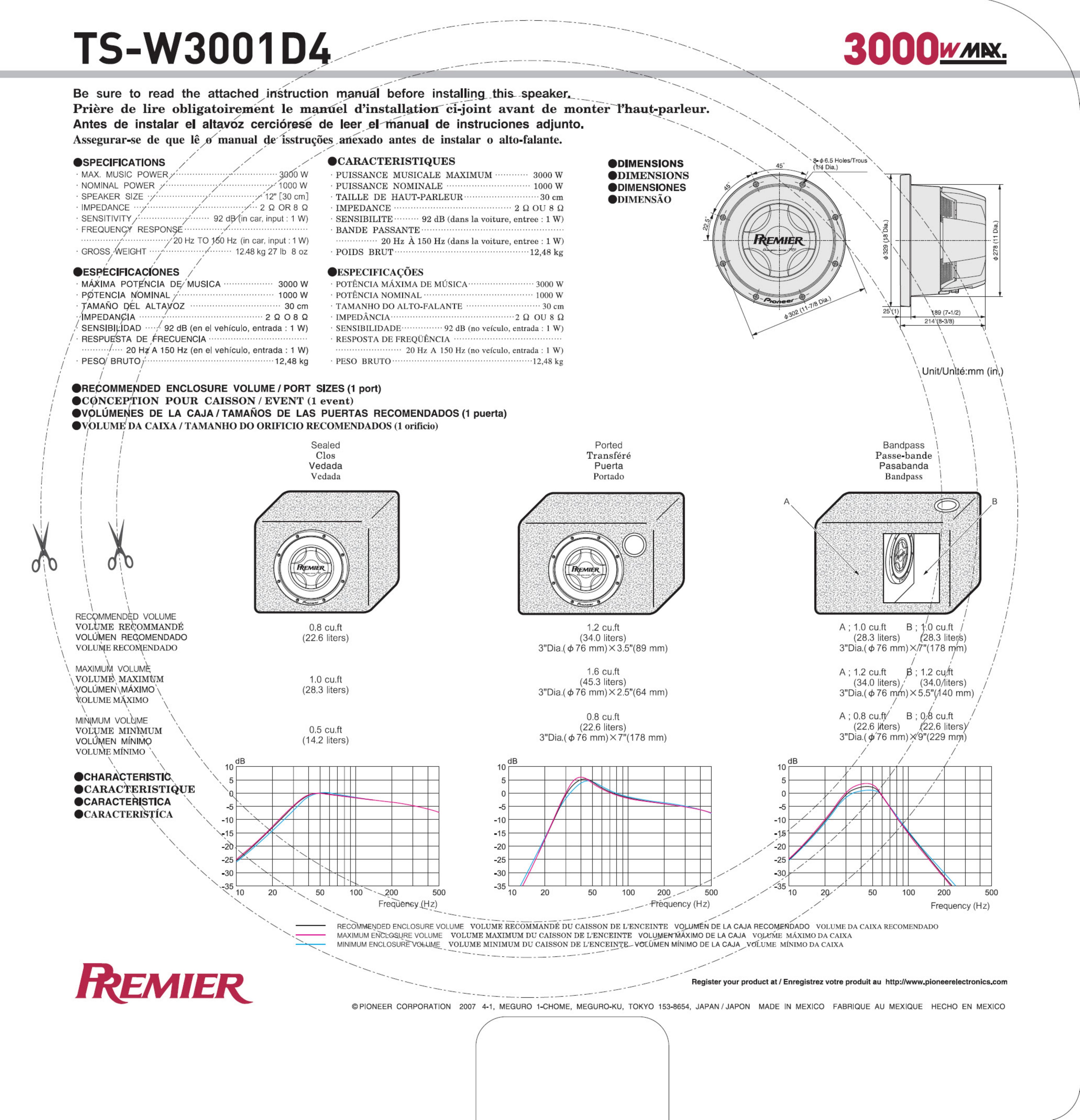 Pioneer TS-W3001D4 Car Speaker User Manual