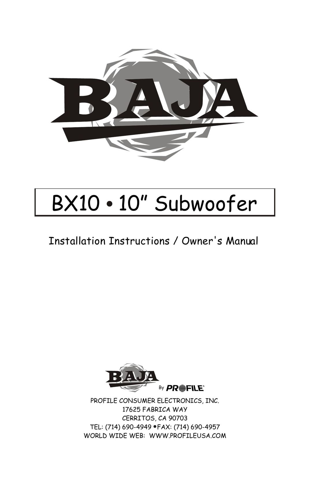 Profile BX10 Car Speaker User Manual