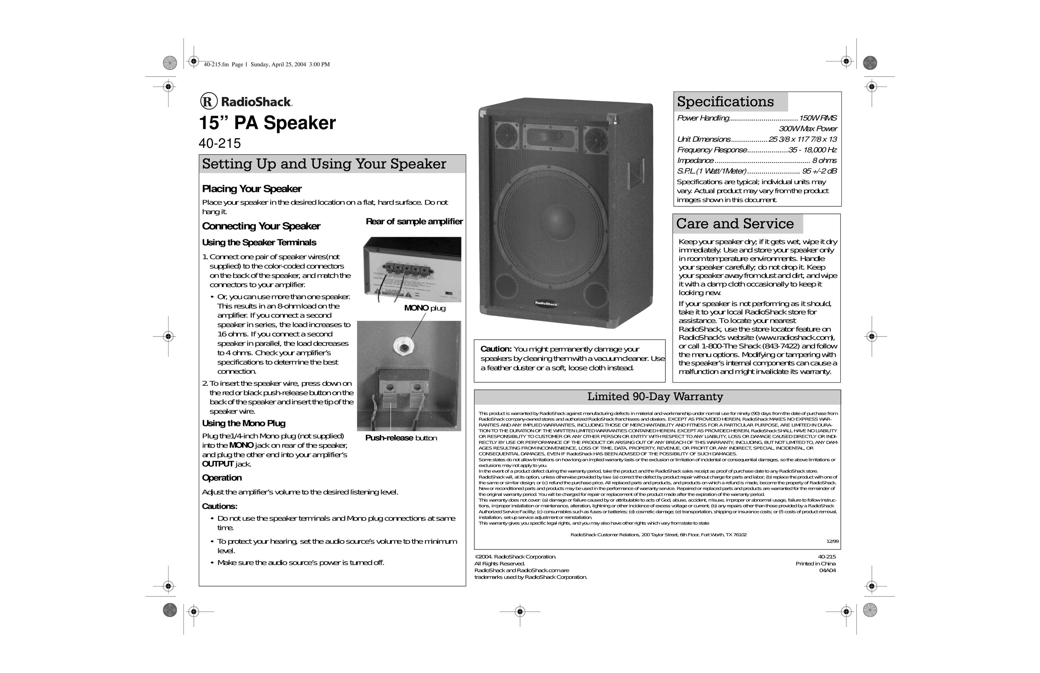 Radio Shack 40-215 Car Speaker User Manual
