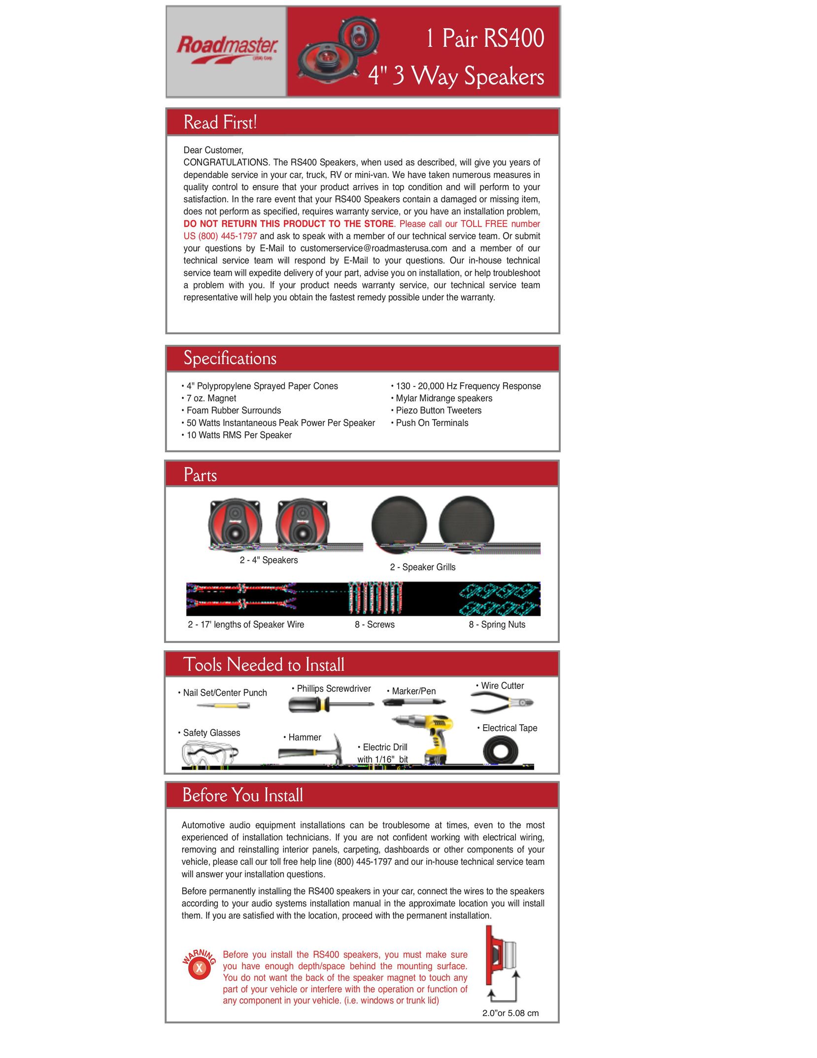 Roadmaster Car Component Speaker Car Speaker User Manual