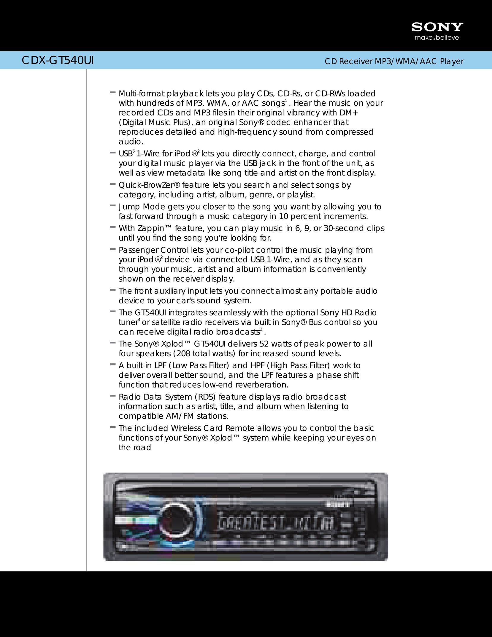 Sony CDXGT540UI Car Speaker User Manual