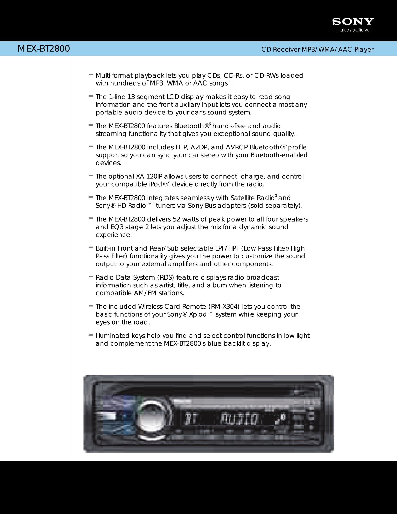 Sony MEX-BT2800 Car Speaker User Manual