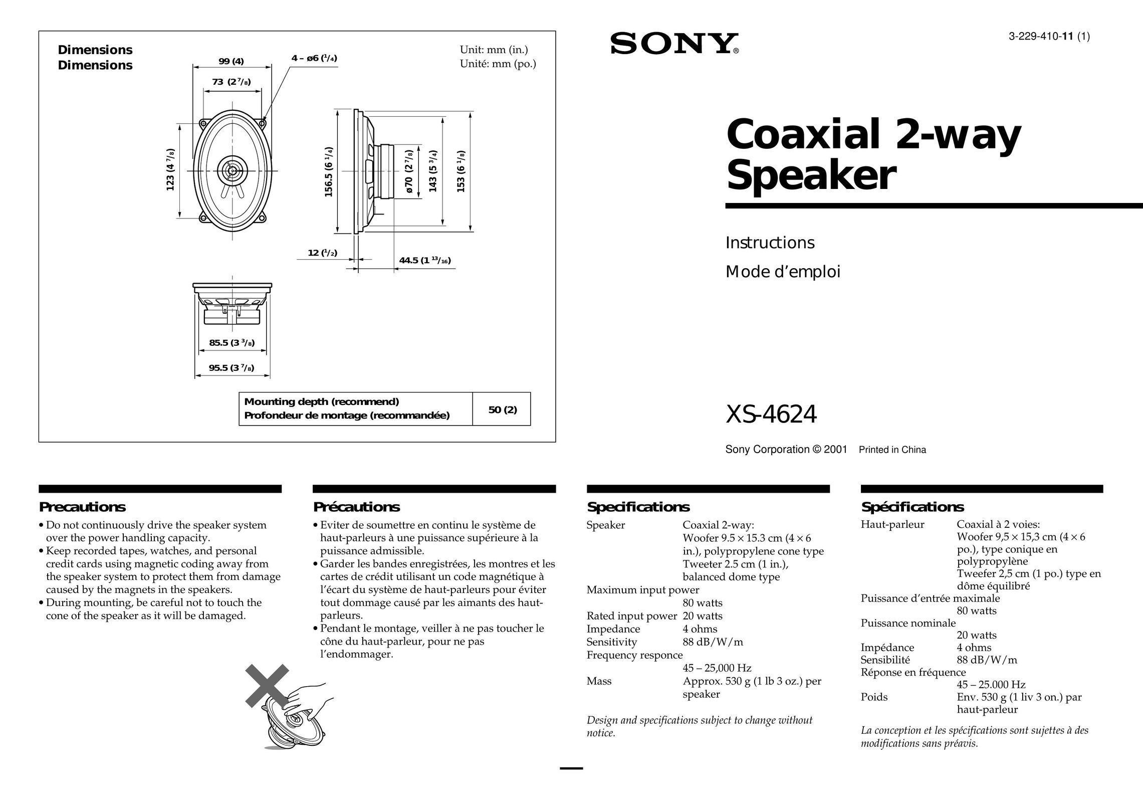 Sony XS-4624 Car Speaker User Manual