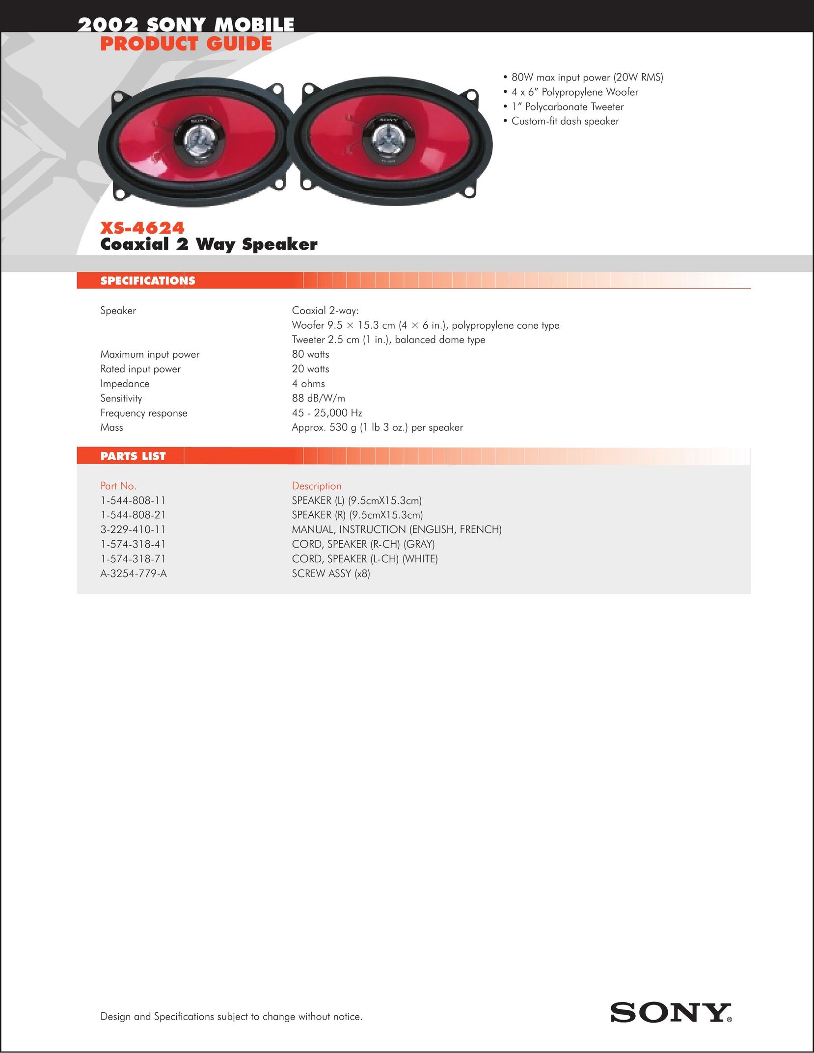 Sony XS-4624 Car Speaker User Manual