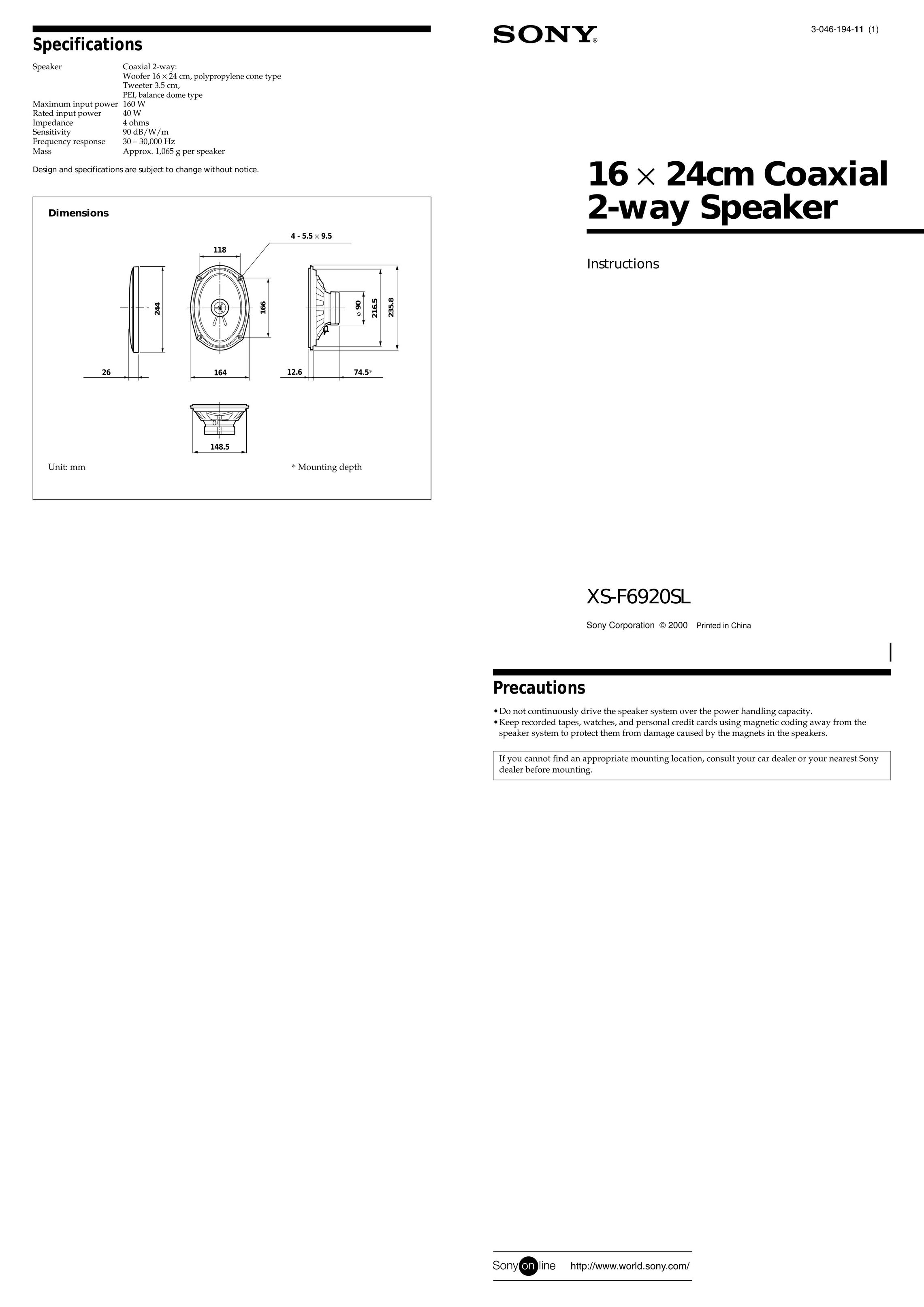 Sony XS-F6920SL Car Speaker User Manual