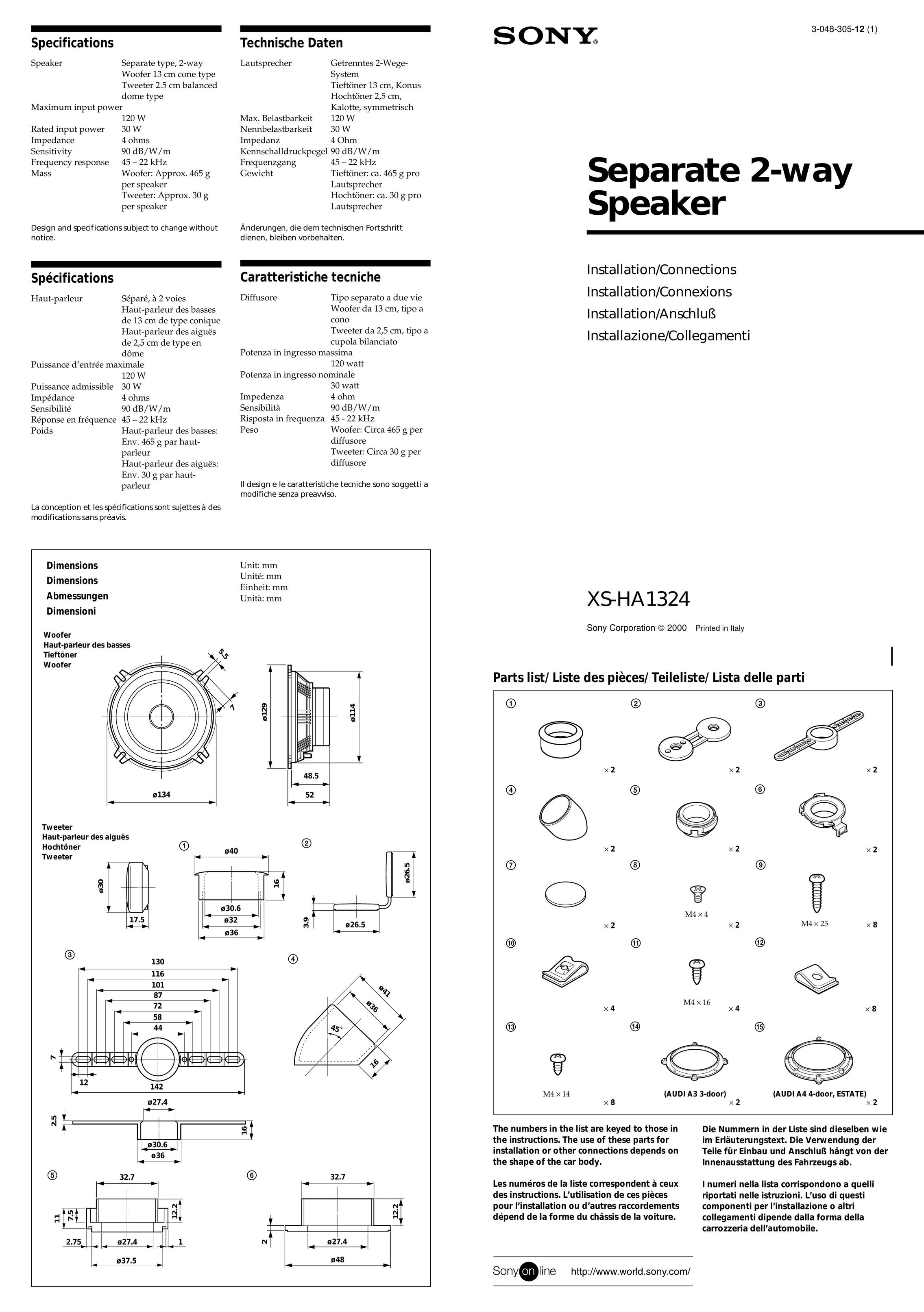 Sony XS-HA1324 Car Speaker User Manual