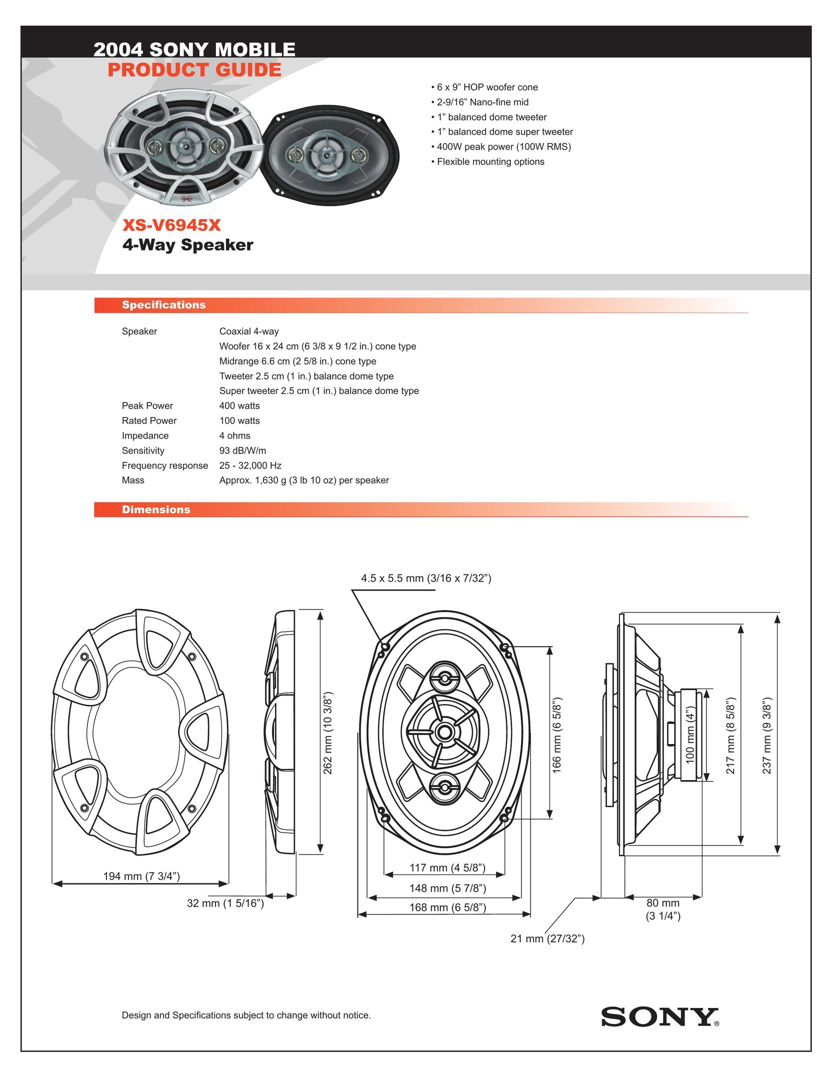 Sony XS-V6945X Car Speaker User Manual
