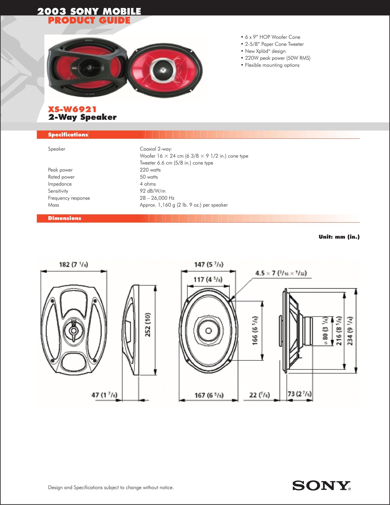 Sony XS-W6921 Car Speaker User Manual