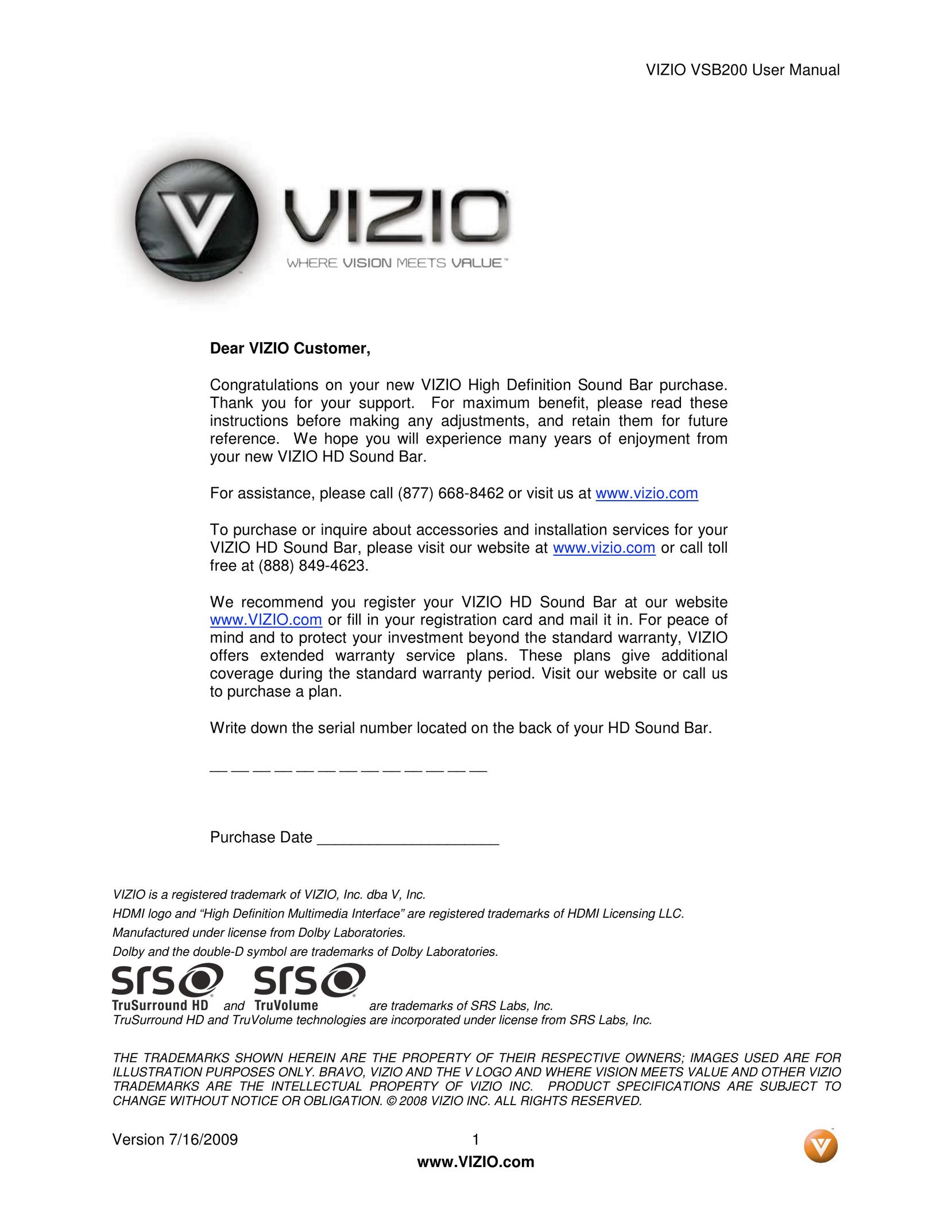 Vizio VSB200 Car Speaker User Manual