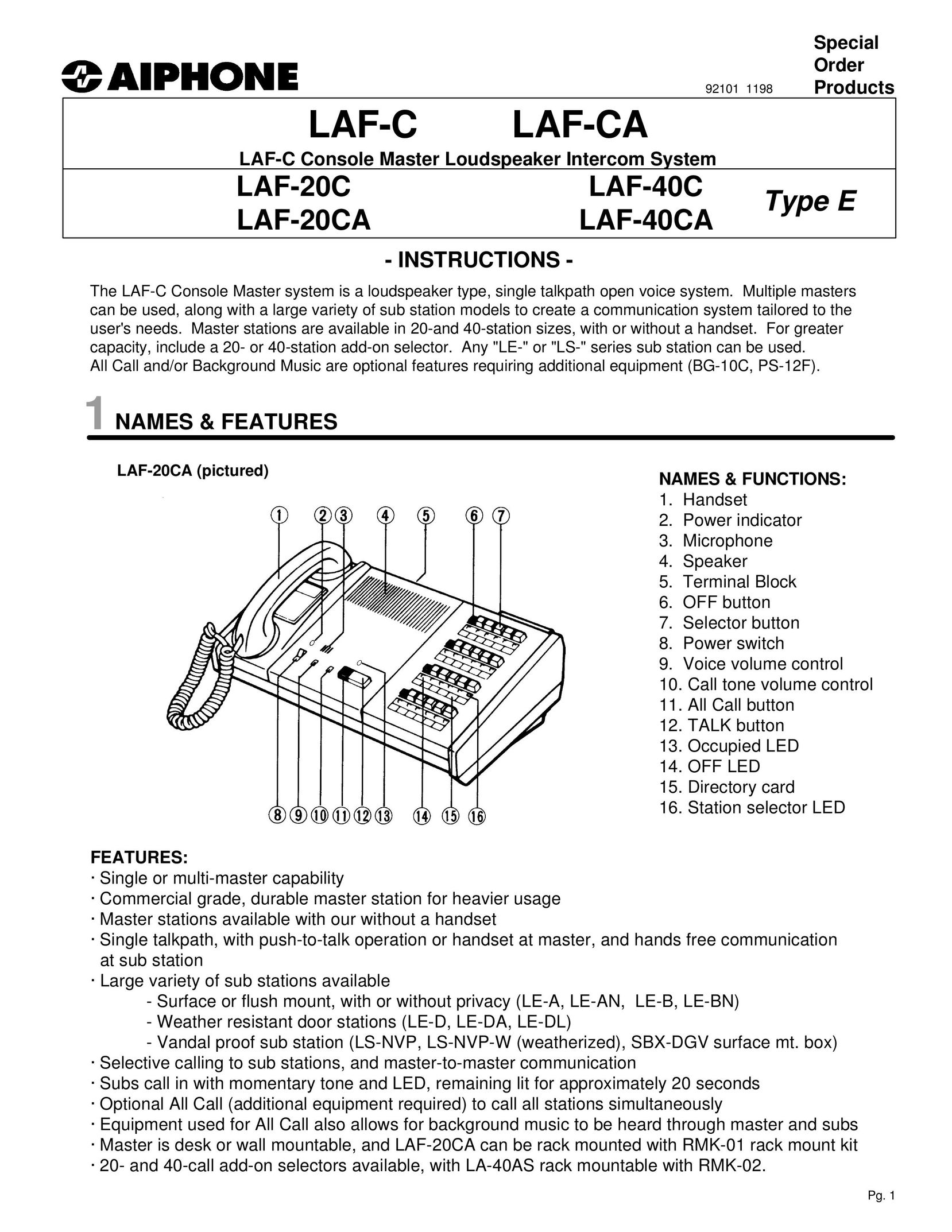 Aiphone LAF-20C Car Stereo System User Manual