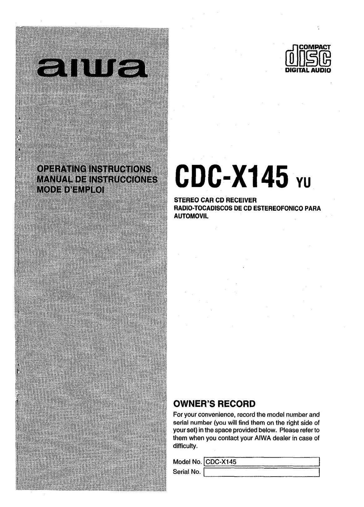 Aiwa CDC-X145 Car Stereo System User Manual