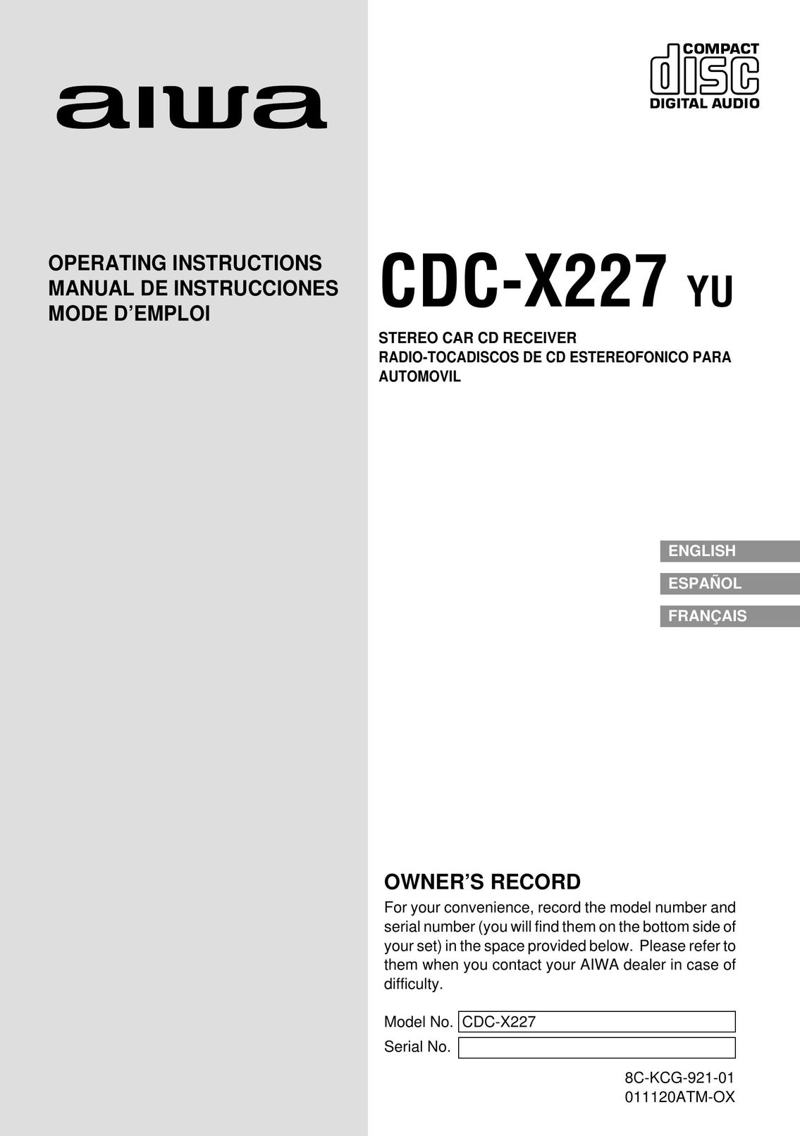Aiwa CDC-X227 Car Stereo System User Manual