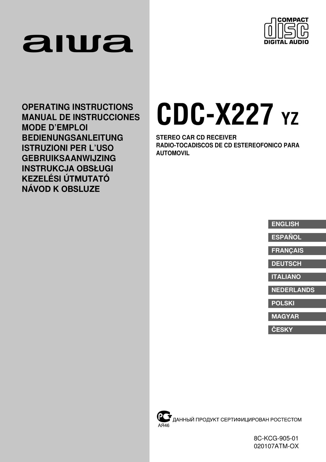 Aiwa CDC-X227 YZ Car Stereo System User Manual