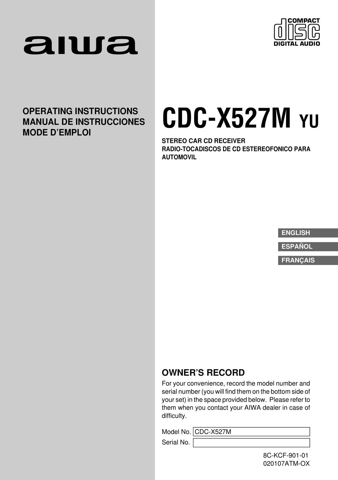 Aiwa CDC-X527M Car Stereo System User Manual