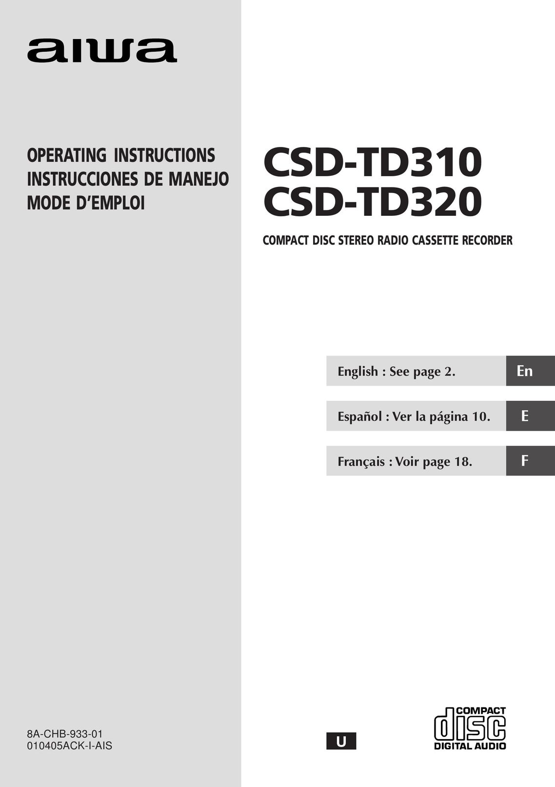 Aiwa CSD-TD310 Car Stereo System User Manual