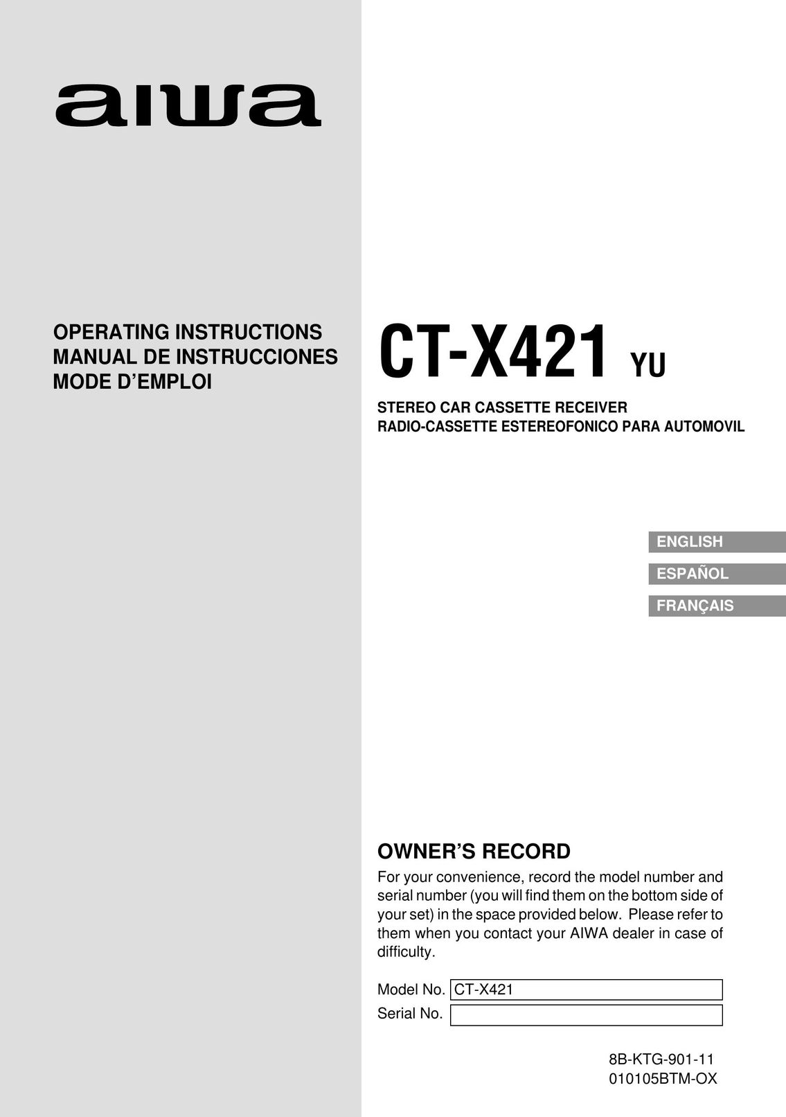 Aiwa CT-X421 Car Stereo System User Manual