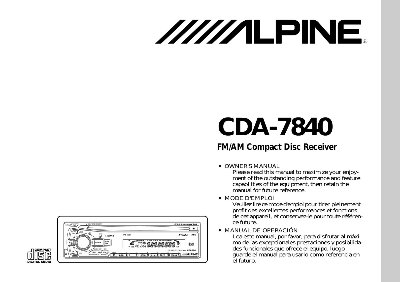 Alpine cda-7840 Car Stereo System User Manual