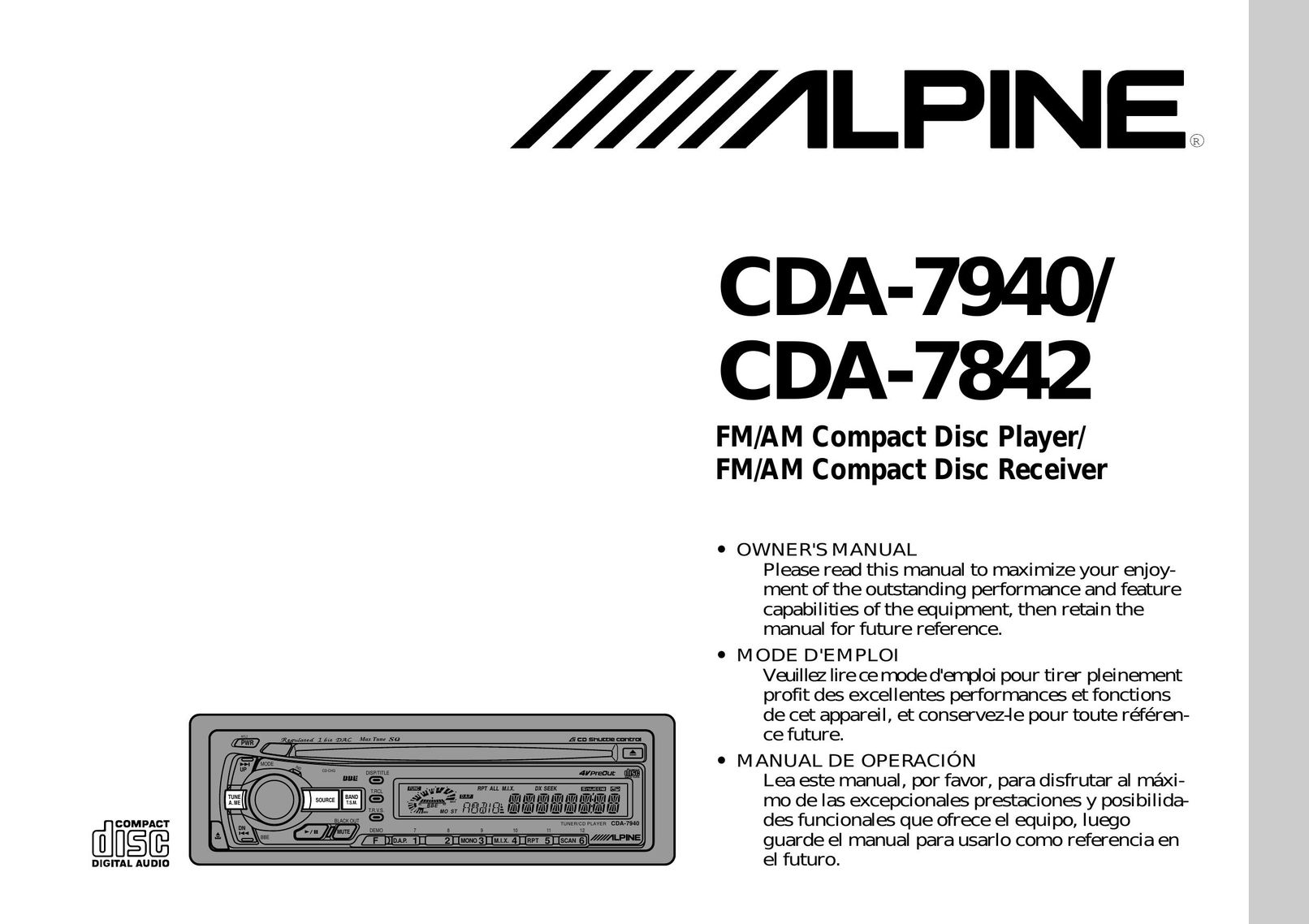 Alpine CDA-7940 Car Stereo System User Manual