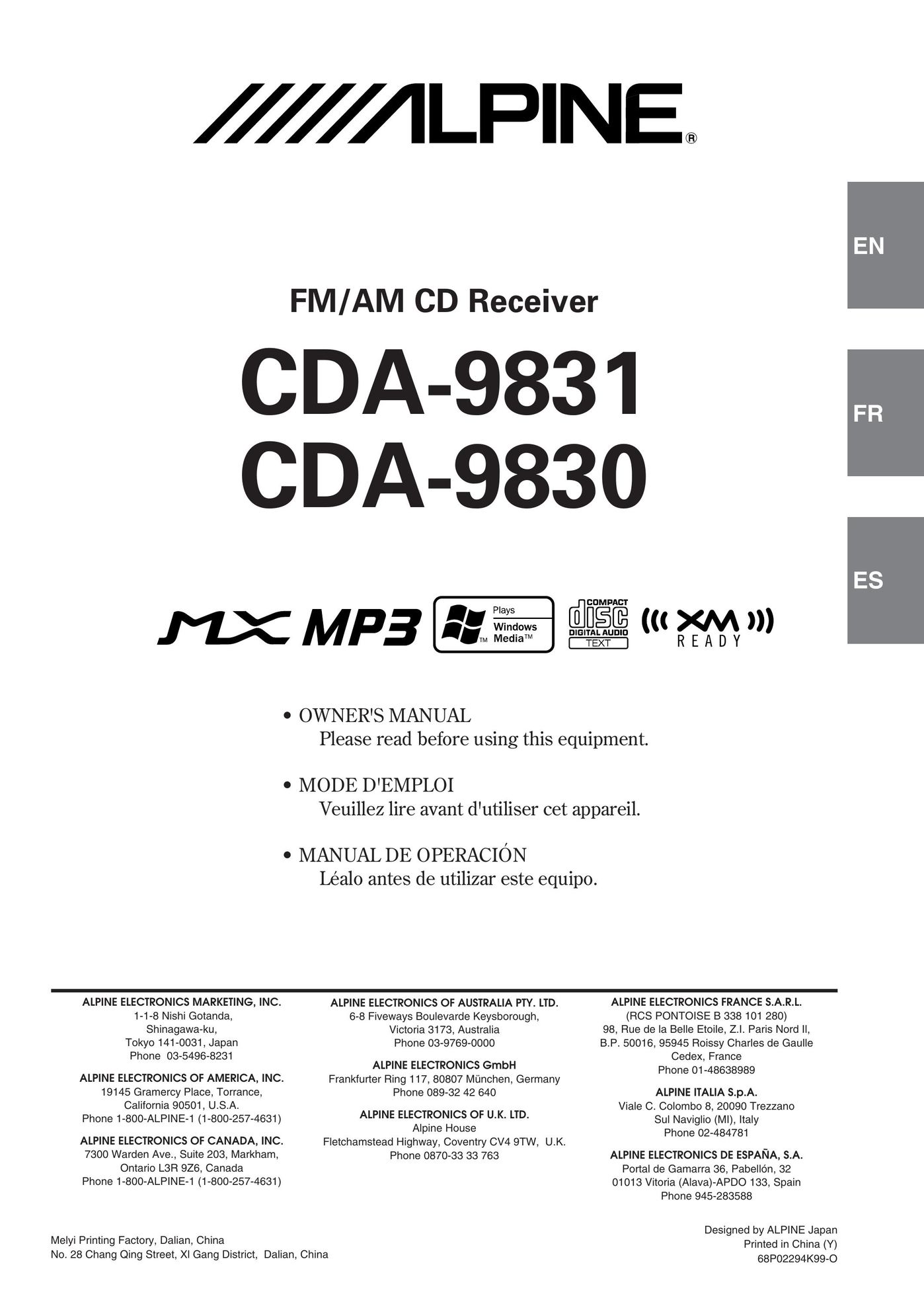 Alpine CDA-9831 Car Stereo System User Manual