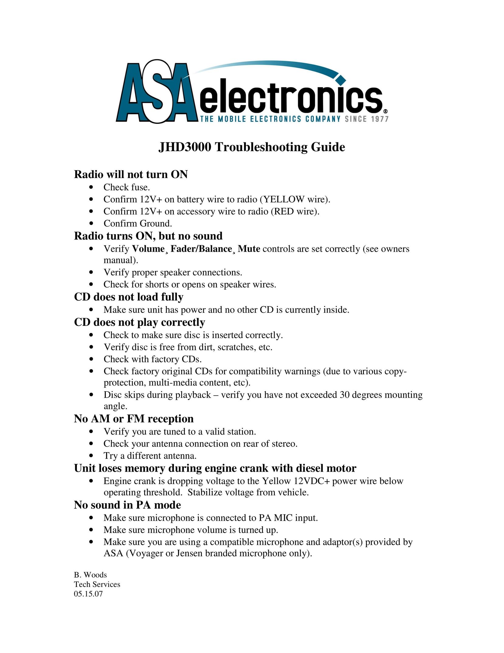 ASA Electronics JHD3000 Car Stereo System User Manual