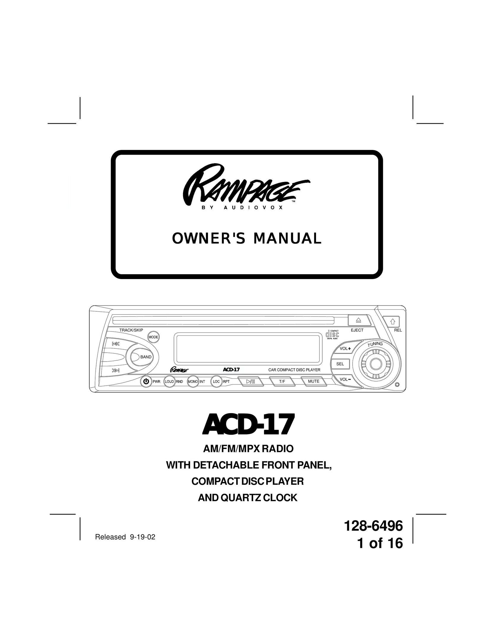 Audiovox ACD-13 Car Stereo System User Manual