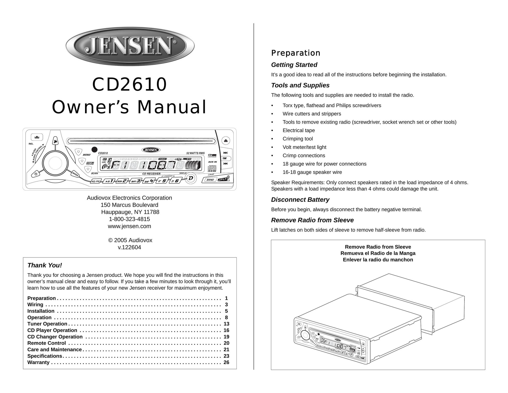 Audiovox CD2610 Car Stereo System User Manual