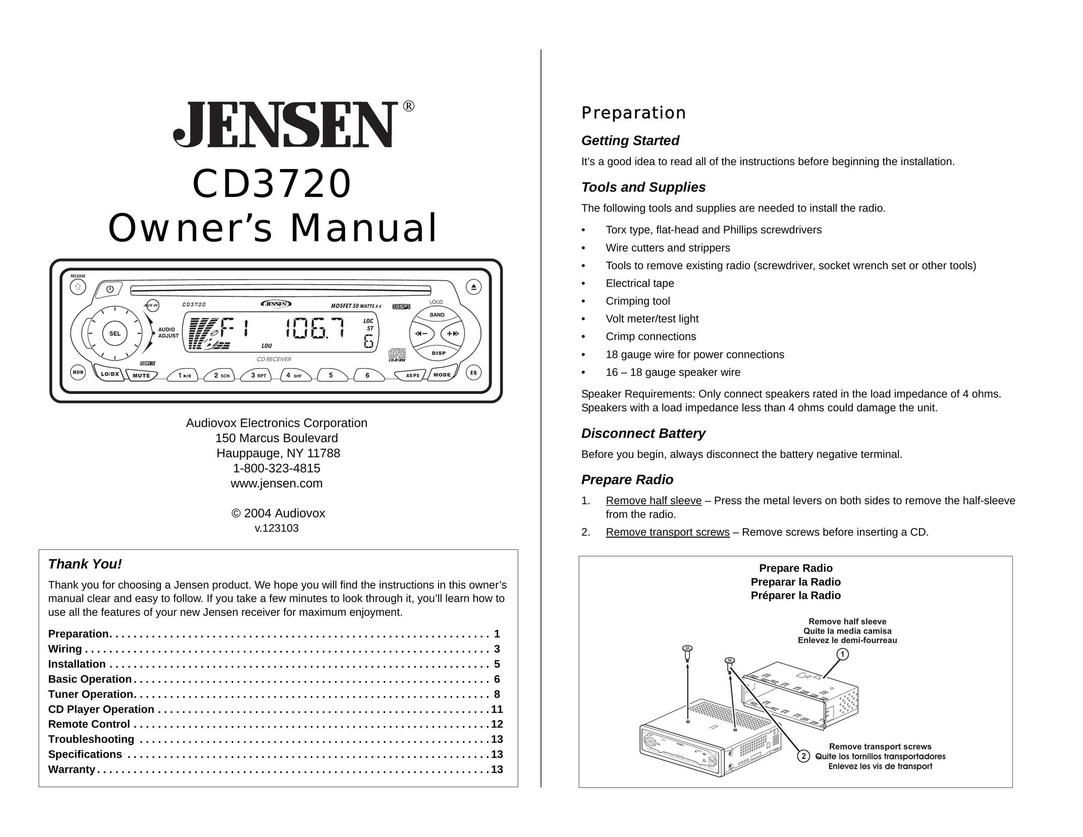 Audiovox CD3720 Car Stereo System User Manual