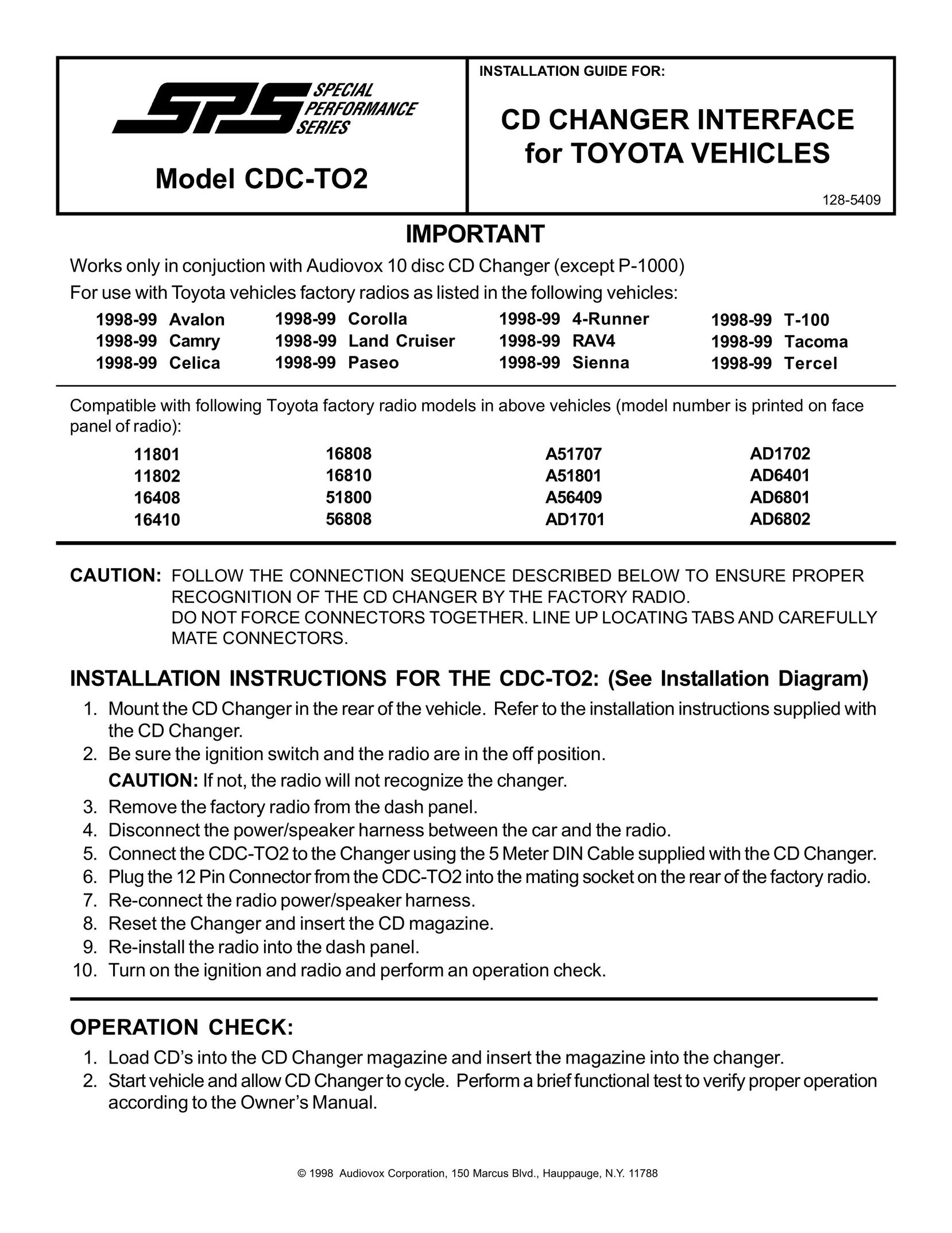 Audiovox CDC-TO2 Car Stereo System User Manual