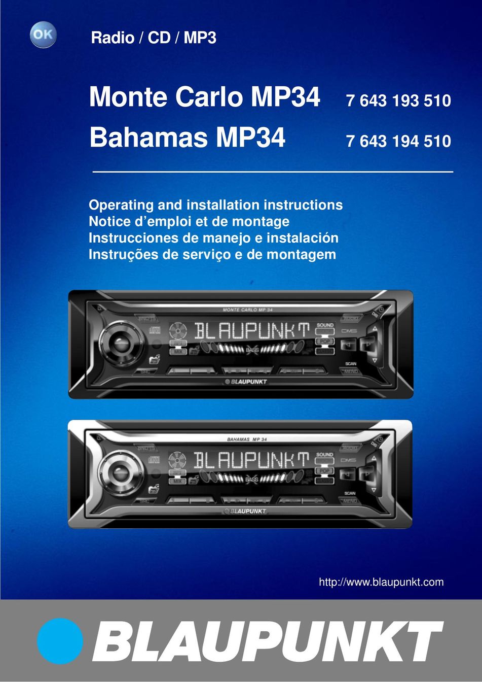 Blaupunkt Bahamas MP34 Car Stereo System User Manual