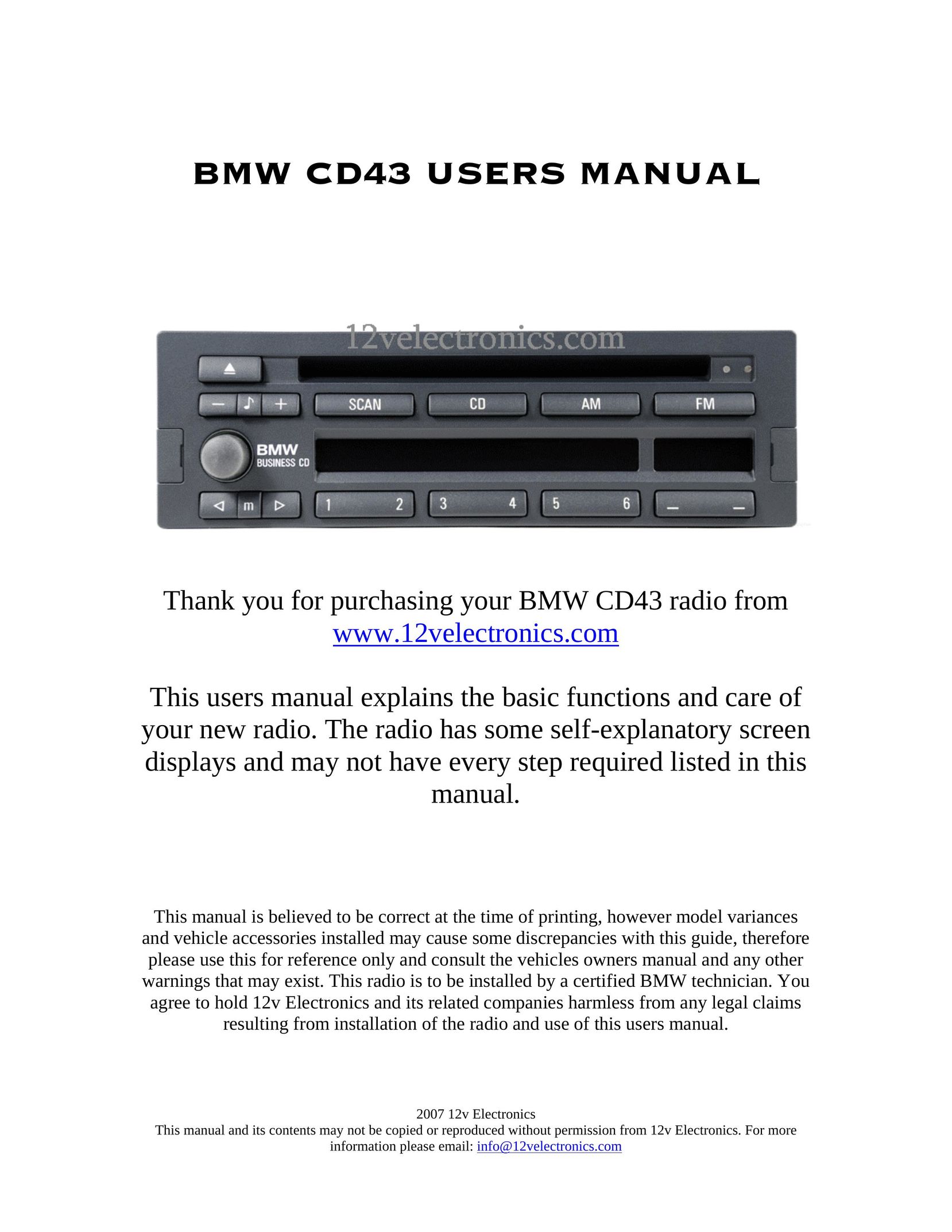 BMW CD43 Car Stereo System User Manual