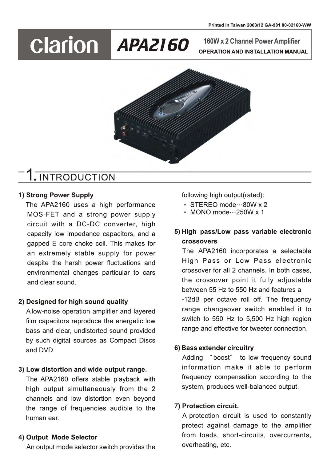 Clarion APA2160 Car Stereo System User Manual