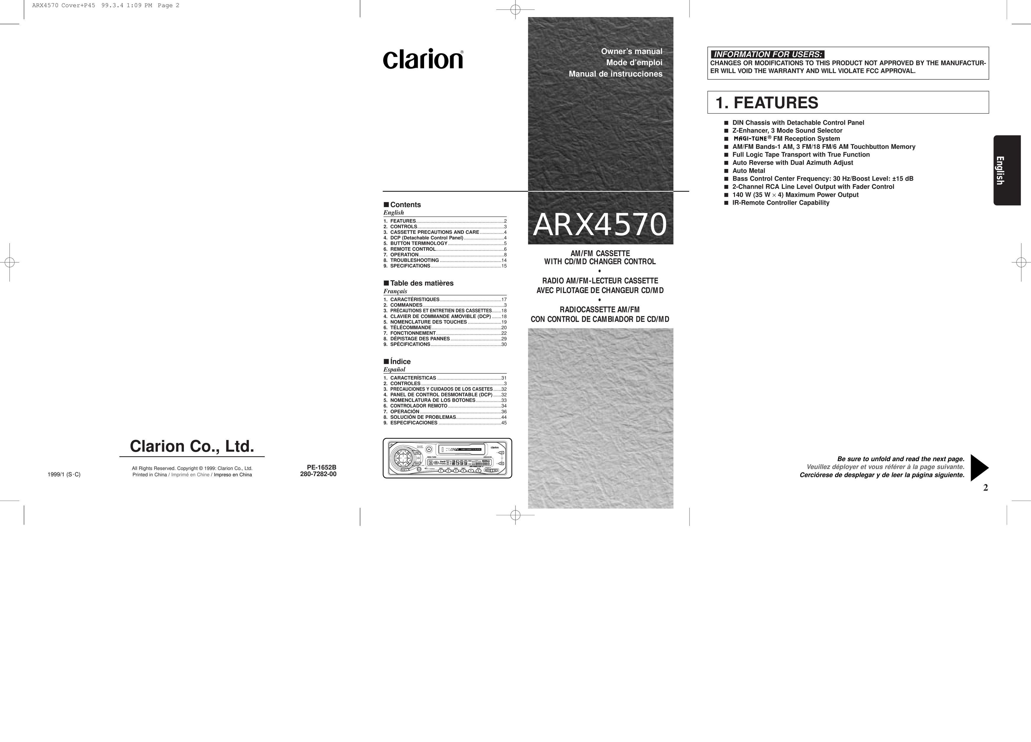 Clarion ARX4570 Car Stereo System User Manual