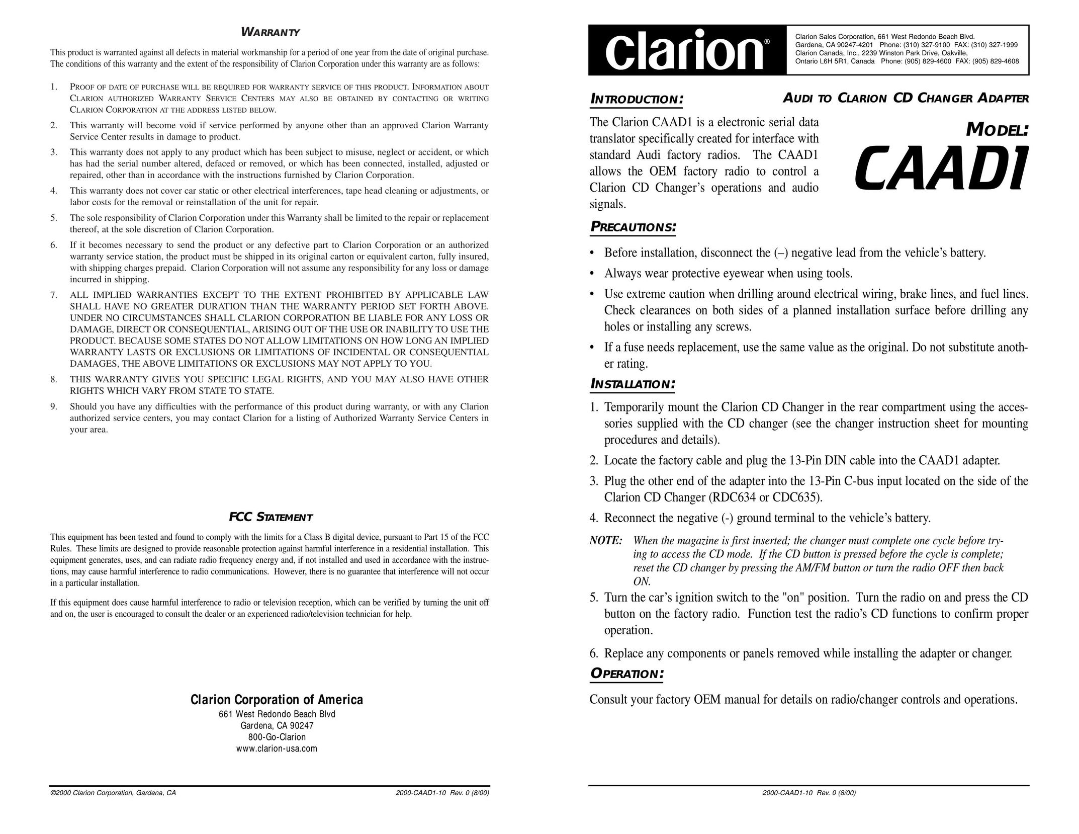 Clarion CAAD1 Car Stereo System User Manual