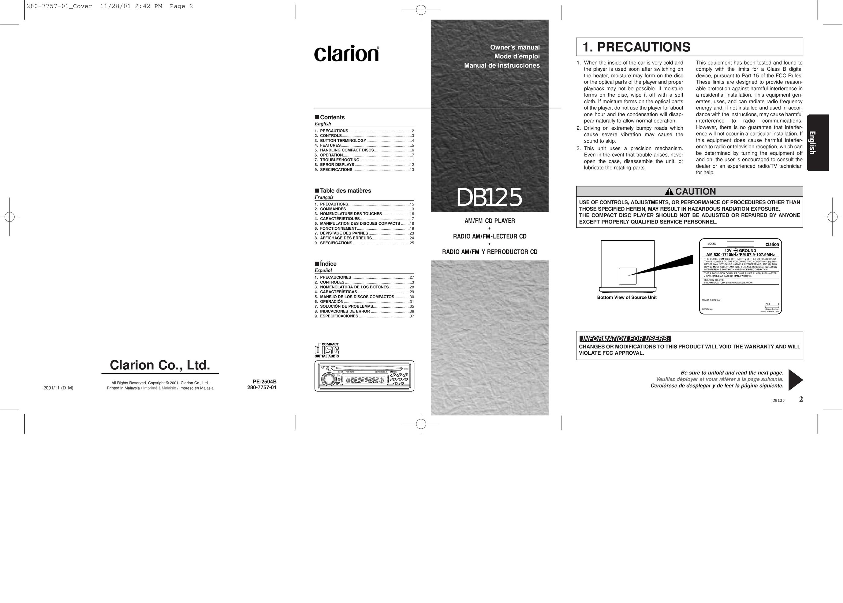 Clarion DB125 Car Stereo System User Manual