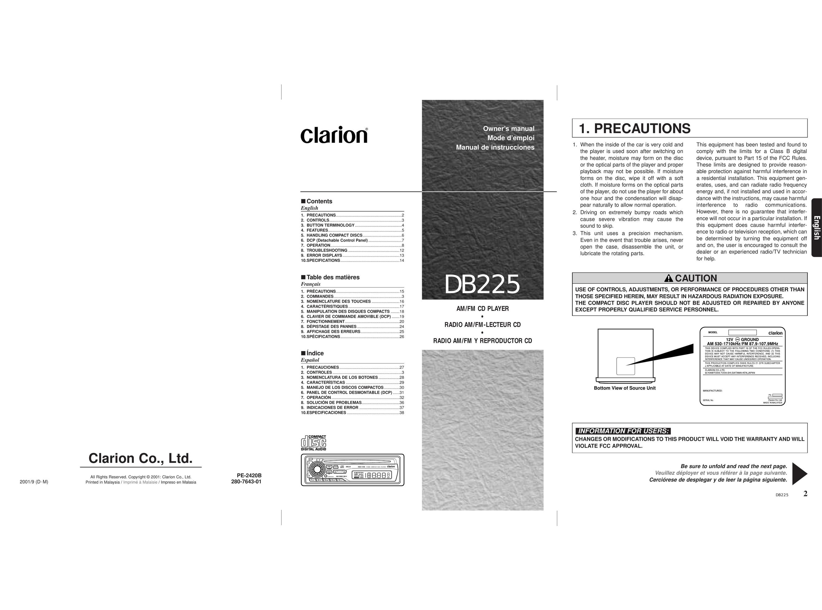 Clarion DB225 Car Stereo System User Manual