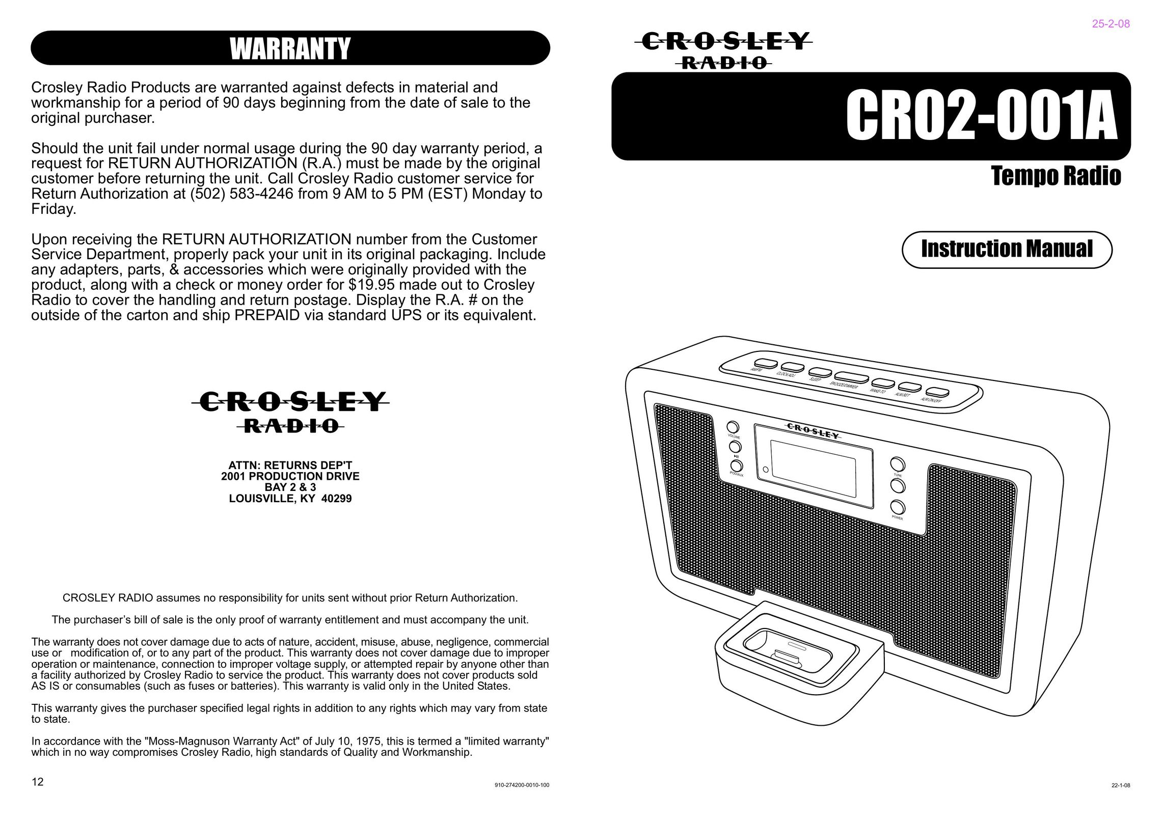 Crosley Radio CR02-001A Car Stereo System User Manual