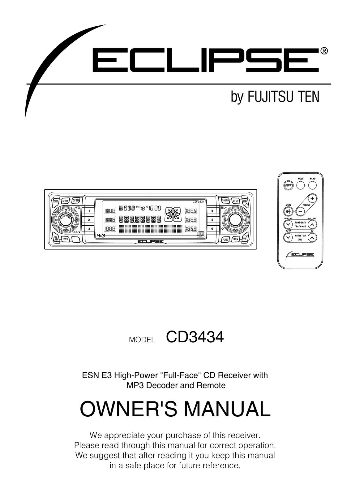Eclipse - Fujitsu Ten CD3434 Car Stereo System User Manual