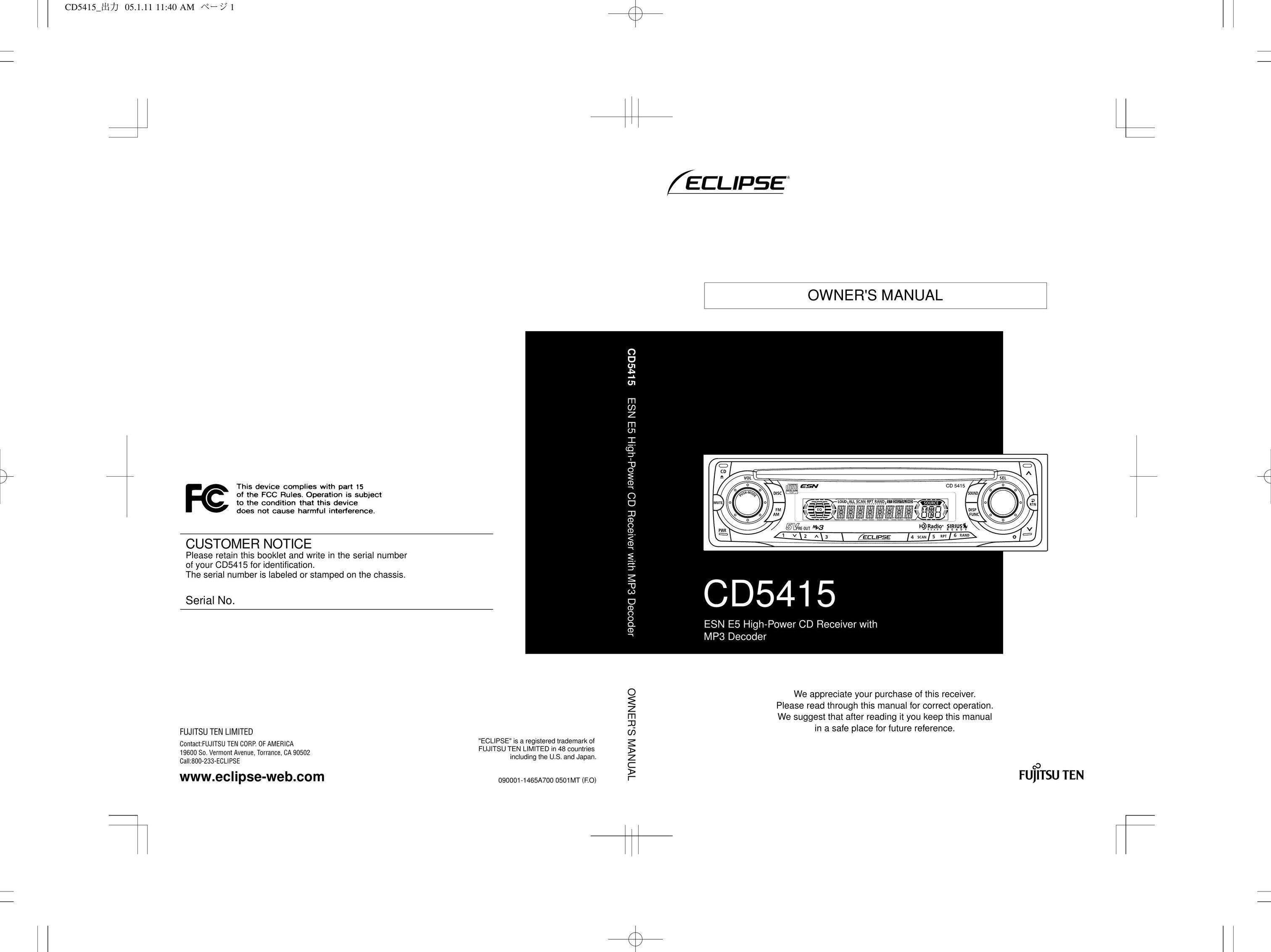 Eclipse - Fujitsu Ten CD5415 Car Stereo System User Manual
